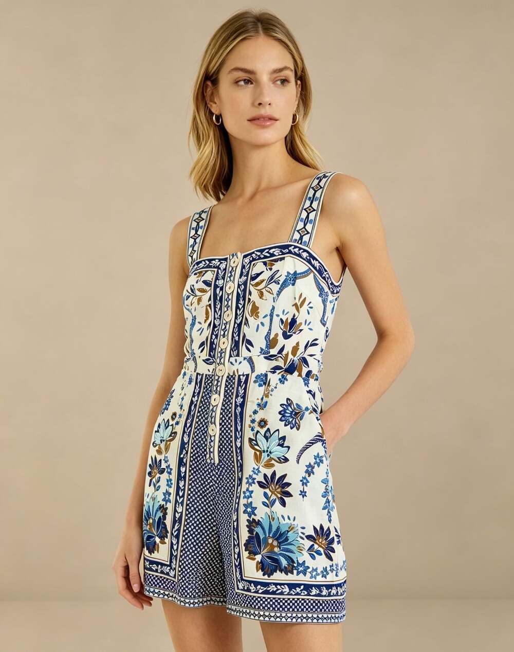 NWOT Farm Rio Linen Blend Floral Print Romper Blue Size XS